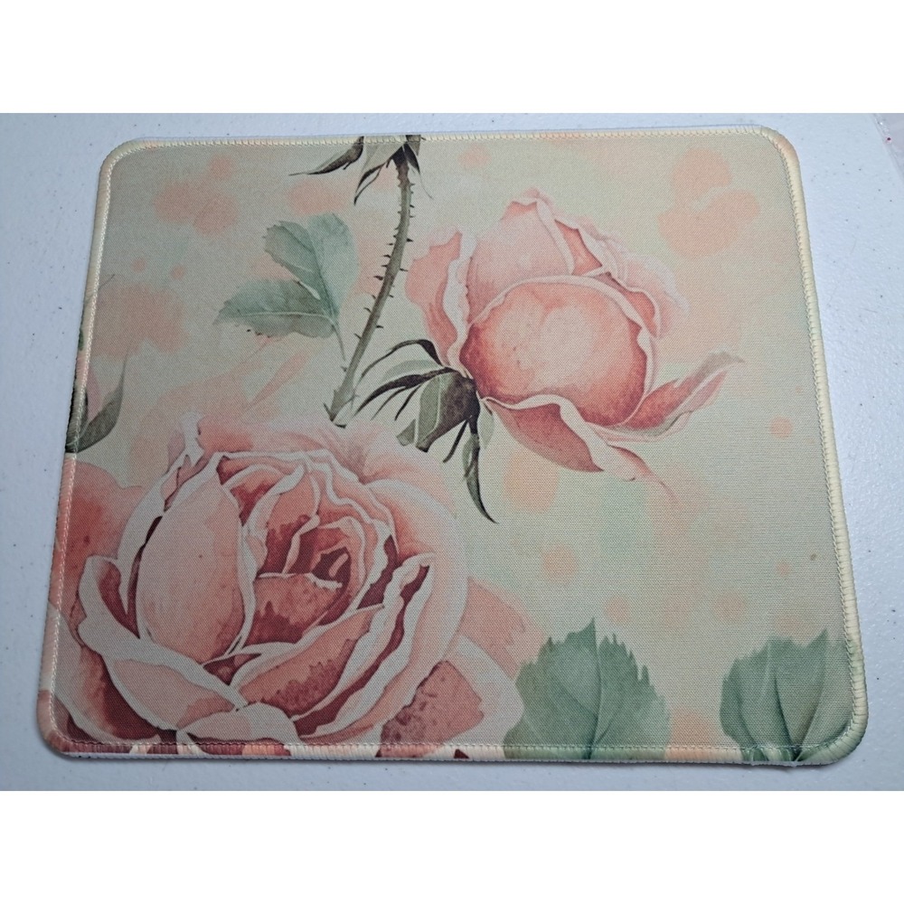 Floral Rose Mouse Pad Pink Peach Watercolor Botanical Stitched Edge Non-Slip